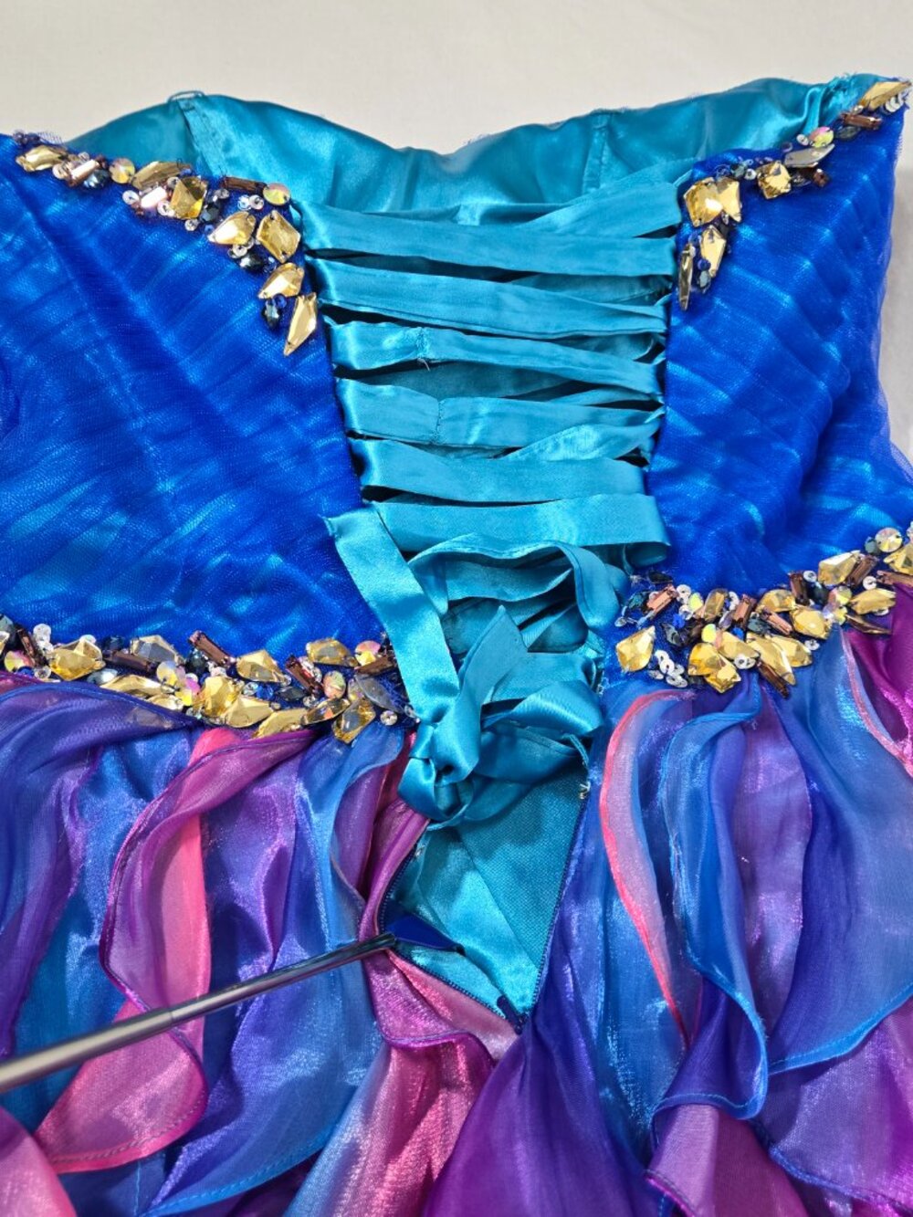 Y2K Vintage PRECIOUS FORMALS Blue-Ombre Strapless Ruffles Mini DRESS Size 8-12. - Picture 10 of 17